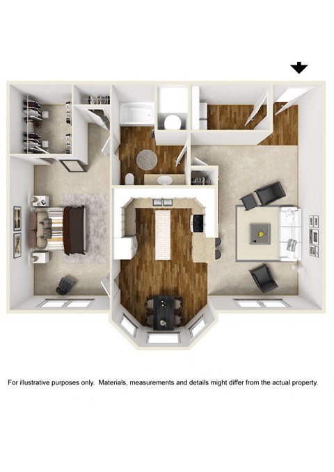 Floor plan for 1 bed, 1 bath, 1003 sqft